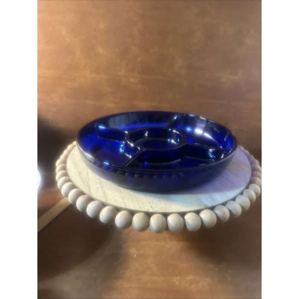 Vintage Cobalt Blue Glass Round Divided Relish Serving Dish Bowl 10